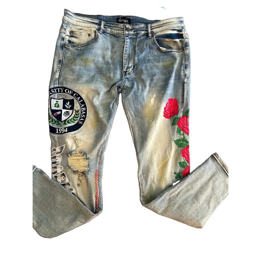 Sugarhill Men's Size 38 Calabasas Rose Embroidered Distressed Jeans Streetwear